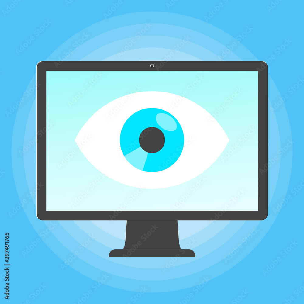 Big brother concept. Smart phone spying with big eye on the screen of PC monitor isolated on light blue background flat style design vector illustration. Big brother concept. Smart phone spying with big eye on the screen of PC monitor isolated on light blue background flat style design vector illustration.