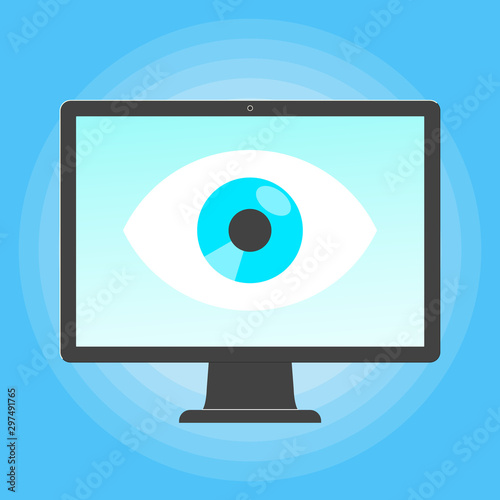 Big brother concept. Smart phone spying with big eye on the screen of PC monitor isolated on light blue background flat style design vector illustration.