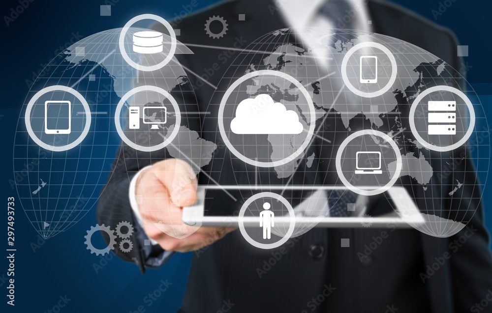 Businessman and internet and virtual reality concept - businessman pressing button on virtual screens Businessman and internet and virtual reality concept - businessman pressing button on virtual screens