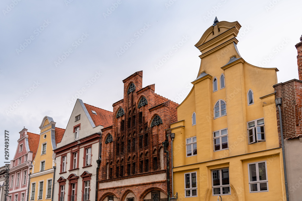 Traditional colorful houses with gable in the old town of Stralsund.