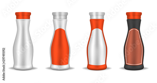 Glossy bottle with round screw cap and blank label, realistic mockup illustration. Drinking yoghurt, beverage, ketchup, syrup, cooking oil packaging container. Vector template. Easy to recolor