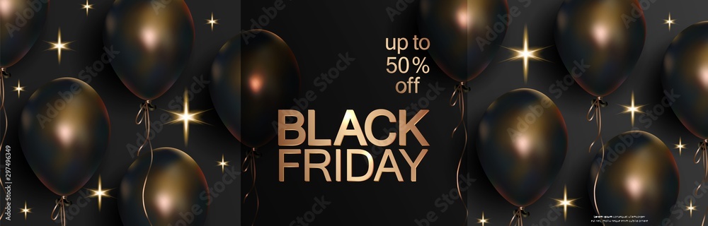Naklejka premium Black friday sale, horizontal banner with flying black balls. Bright advertising design. Vector illustration