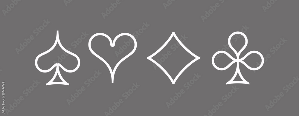 Icons Set shape diamonds, clovers, hearts, spades Four Playing card suits icons template. High quality outline Playing card suit shape symbol pictogram for web design or mobile app on gray background