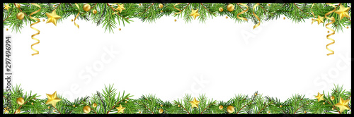 Christmas Banner with Green Coniferous Twigs and Golden Stars with Golden Confetti and Golden Balls on White Background - Colored Illustration, Vector