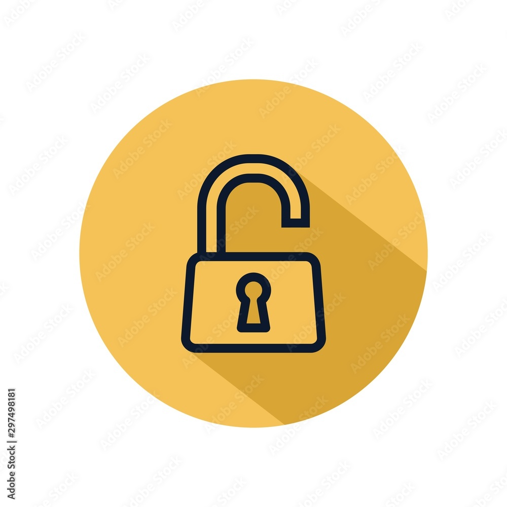 Unlock padlock icon vector, illustration of unlock isolated on yellow circle. Protection, safety, security, privacy sign Unlock padlock icon vector, illustration of unlock isolated on yellow circle. Protection, safety, security, privacy sign