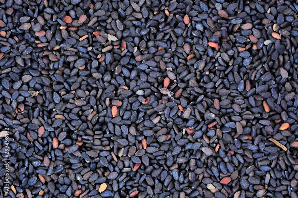 Black sesame seeds on a white background