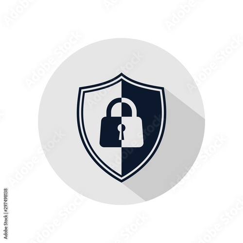 Shield security with lock icon vector, isolated on grey circle. Protection, safety, security, privacy sign