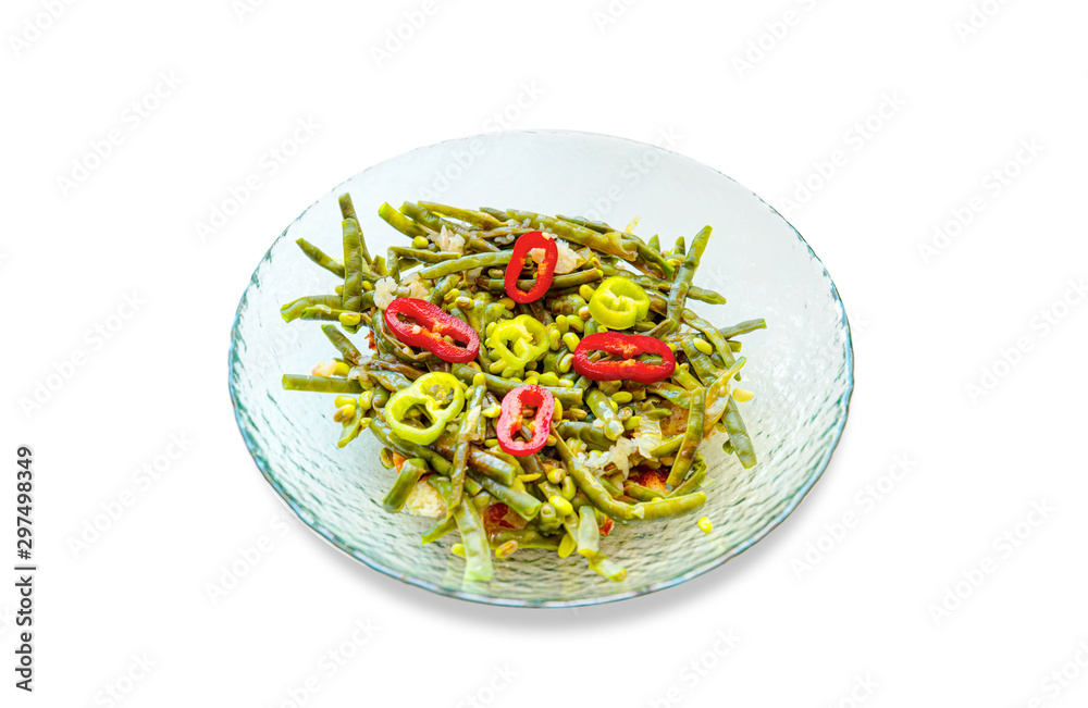 Sea cowpea with olive oil and red, green peppers isolated white background - Turkish and Greek appetizers Sea cowpea with olive oil and red, green peppers isolated white background - Turkish and Greek appetizers