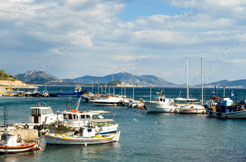 Fishing boats at small harbour in Pachi village. Megara,Greece