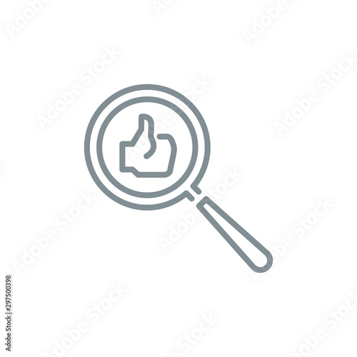 good thumbs up with magnifier glass outline flat icon. Single quality outline logo search symbol for web design or mobile app. Thin line design logo sign. Loupe lens icon isolated on white background.