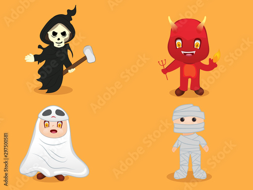 Happy Halloween Party Kids in halloween costumes. Funny and cute carnival kids set_Vector illustration.