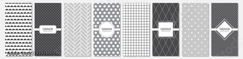 Cute set of Scandinavian vertical card templates based on geometric seamless patterns in neutral palette colors, vector illustration
