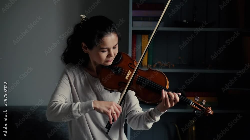 Lovely young woman musician plays the violin at home, in a room with a modern cozy interior. Girl is practicing playing musical instrument. Shot in slow motion. Lovely young woman musician plays the violin at home, in a room with a modern cozy interior. Girl is practicing playing musical instrument. Shot in slow motion.