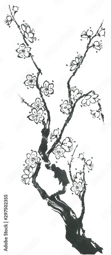 Obraz premium A branch of a blossoming sakura. Contour flowers of plum mei and wild cherry . Oriental traditional illustration of tree in style sumi-e, go-hua, u-sin.