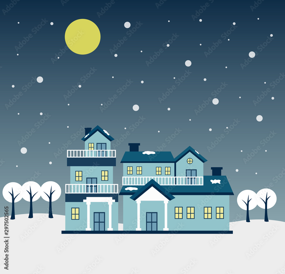 Illustration of snow at night with a view of the full moon. Christmas time in the blue house vector.