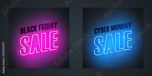 Black Friday Sale and Cyber Monday Sale neon promotional signs for sale promotion, online business, internet commerce, discount shopping and advertising. Vector illustration.