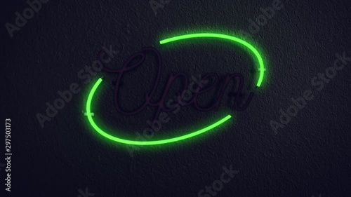 Realistic 3D render of a vivid and vibrant animated flashing neon sign, with the word Open flashing on and off, with a concrete wall background photo