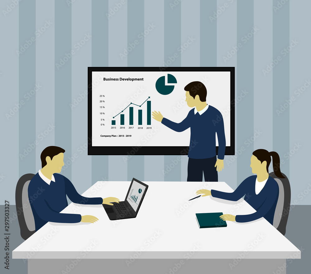 Fototapeta premium Business people are presenting on how to develop a business. Making strategies and plans in business. flat design elements. Teamwork in discussing and creating new ideas, flat vector illustration..