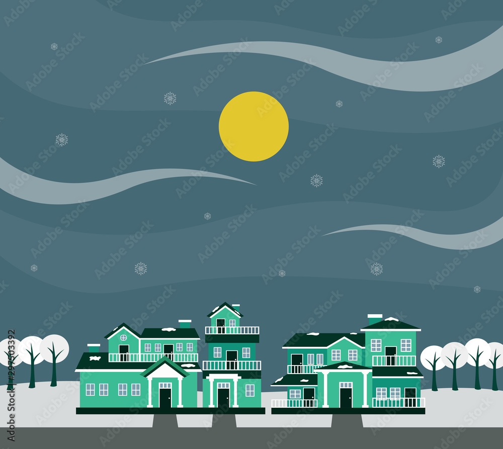 Illustration of light green house in winter and snowflakes. Housing in the village with a flat and cartoon design. December, Merry Christmas and Happy New Year.