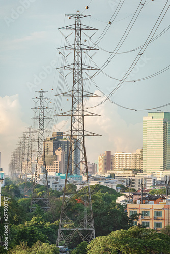 The electricity power lines  pass through the city, Bangkok, Thailand © Chakkrapan