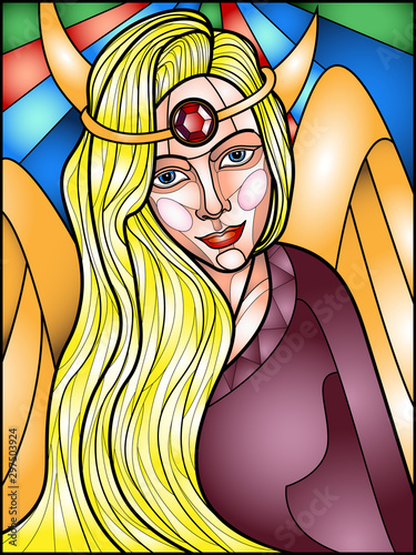 illustration in the style of stained glass with the image of a fairy maiden