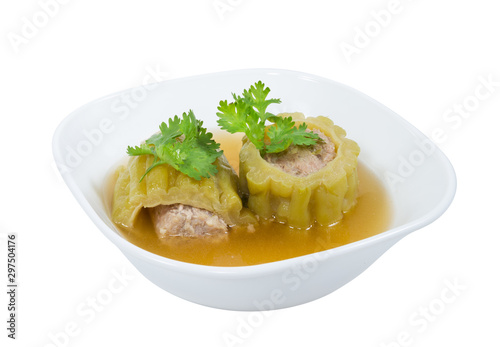 Stuffed bitter gourd soup with seasoned minced pork on isolated on white background,clipping path