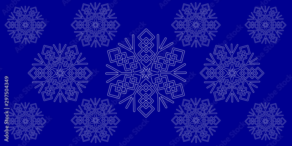 Intricate six-pointed snowflakes. Snowflakes is a symbol of winter and winter weather. Snowflakes on a blue background. Intricate six-pointed snowflakes. Snowflakes is a symbol of winter and winter weather. Snowflakes on a blue background.