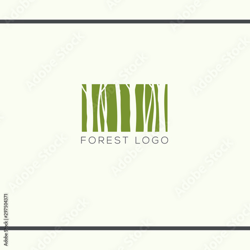 Green rectangle with tree trunks silhouette. Forest in rectangle like barcode. Vector logo design template