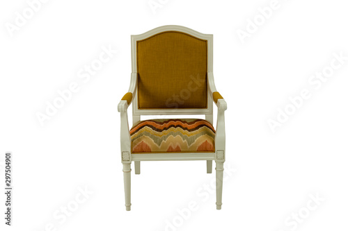Wooden chair with a back and armrests in beige with brown soft upholstery on a white background. Front view.