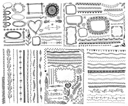 set of doodle sketch frame, line, corner and divider