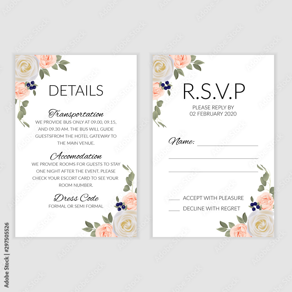 Wedding rsvp card template with pastel rose bouquet