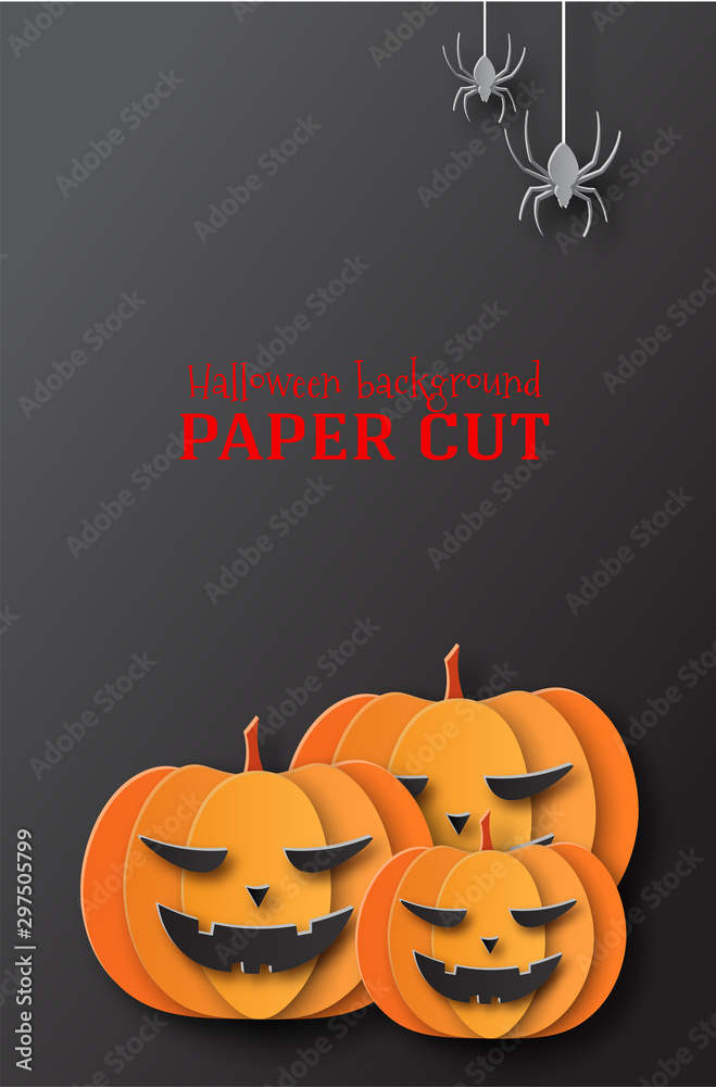 Halloween illustration, banner, poster. Design in the style of paper cut, art. Spiders and pumpkins on a black background. Place for text Halloween illustration, banner, poster. Design in the style of paper cut, art. Spiders and pumpkins on a black background. Place for text