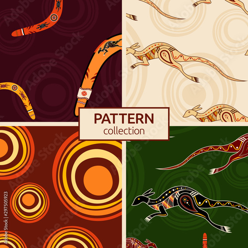 Set of four seamless fashion colorful australian patterns. Australian art. Aboriginal painting style, aboriginal ornament.