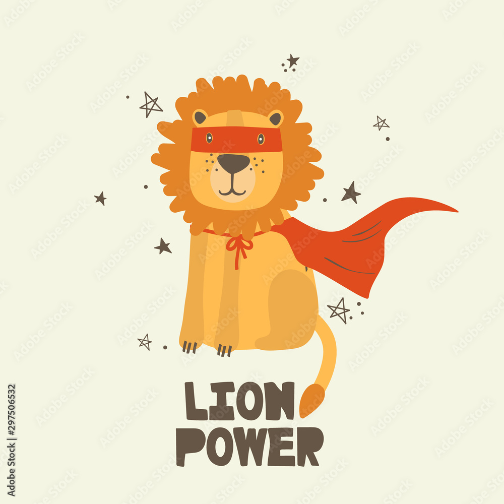Illustration with lion and english text, poster design. Colorful background  vector. Lion power, funny concept. Cartoon wallpaper. Hand drawn backdrop  Stock Vector | Adobe Stock