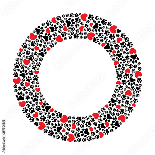 Round frame of paw prints and hearts