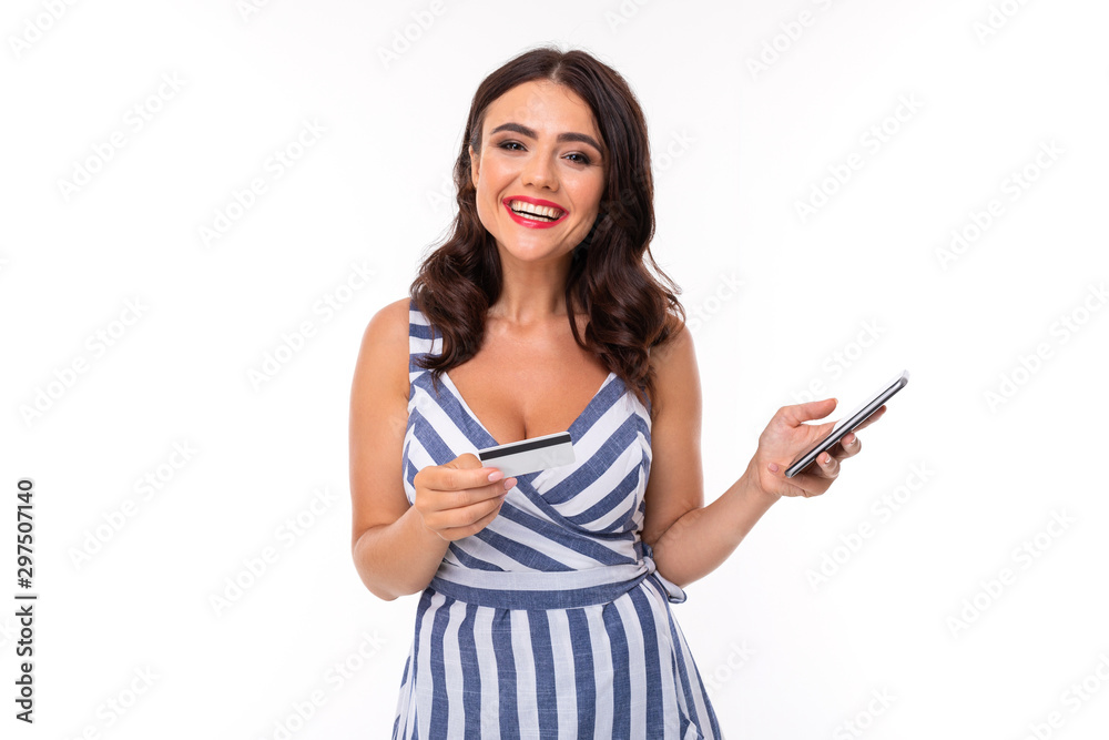A young girl with a delightful smile, flat teeth, red lipstick, long wavy chestnut hair, beautiful makeup, in a white and blue dress in a stripe with a cleavage, glasses with a white frame holds a A young girl with a delightful smile, flat teeth, red lipstick, long wavy chestnut hair, beautiful makeup, in a white and blue dress in a stripe with a cleavage, glasses with a white frame holds a