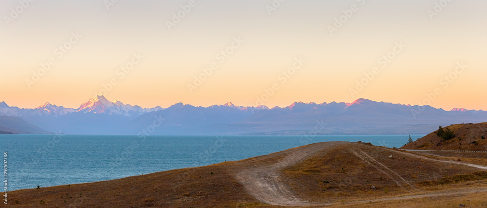 Picture panorama view point of twilight at lake pukaki with mount cook mountain in South island new zealand