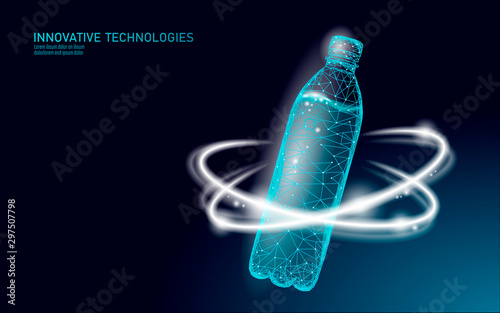 3D water bottle polygonal banner. Aqua liquid package. Plastic transparent drink full beverage clean natural artesian drinking water. Low poly dark modern design vector illustration