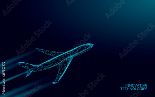 Airplane flying in a dark night sky. Flight up tourism journey speed travel symbol. Transportation technology banner template. Low poly 3D vector illustration