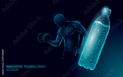 Water aqua bottle athlete rehydration concept. Health care against dehydration isotonic electrolytes drink. Dumbbell workout strong man fitness gym exercise. Low poly 3D vector illustration