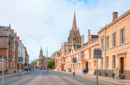 View of High Street road with Cityscape of Oxford - St Mary''s University Church