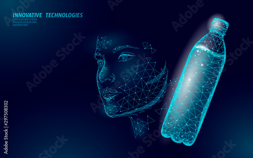 Water aqua bottle skin care beauty rehydration concept. Health care against dehydration isotonic electrolytes drink. Young woman face skin moisturise. Low poly 3D vector illustration