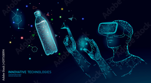 Water bottle quality test science engineering concept. Lab control research analysis innovation technology low poly. Virtual reality chemistry clean water medical experiment vector illustration