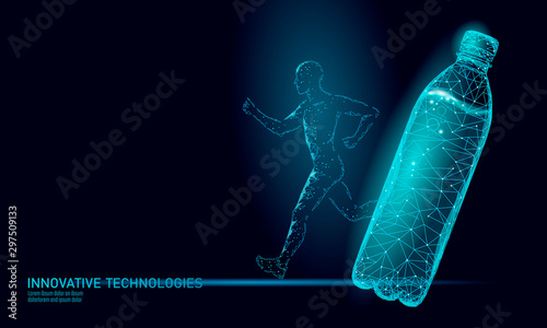 Water aqua bottle jogger rehydration concept. Health care against dehydration isotonic electrolytes drink. Runner sportsman low poly 3D vector illustration