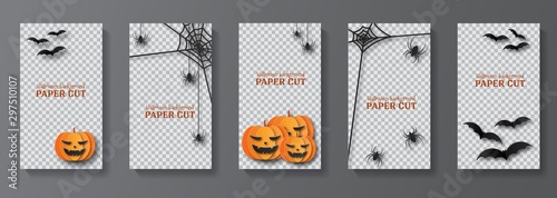 Templates for social media stories. Halloween Blanks in the style of paper cut. Five designs.