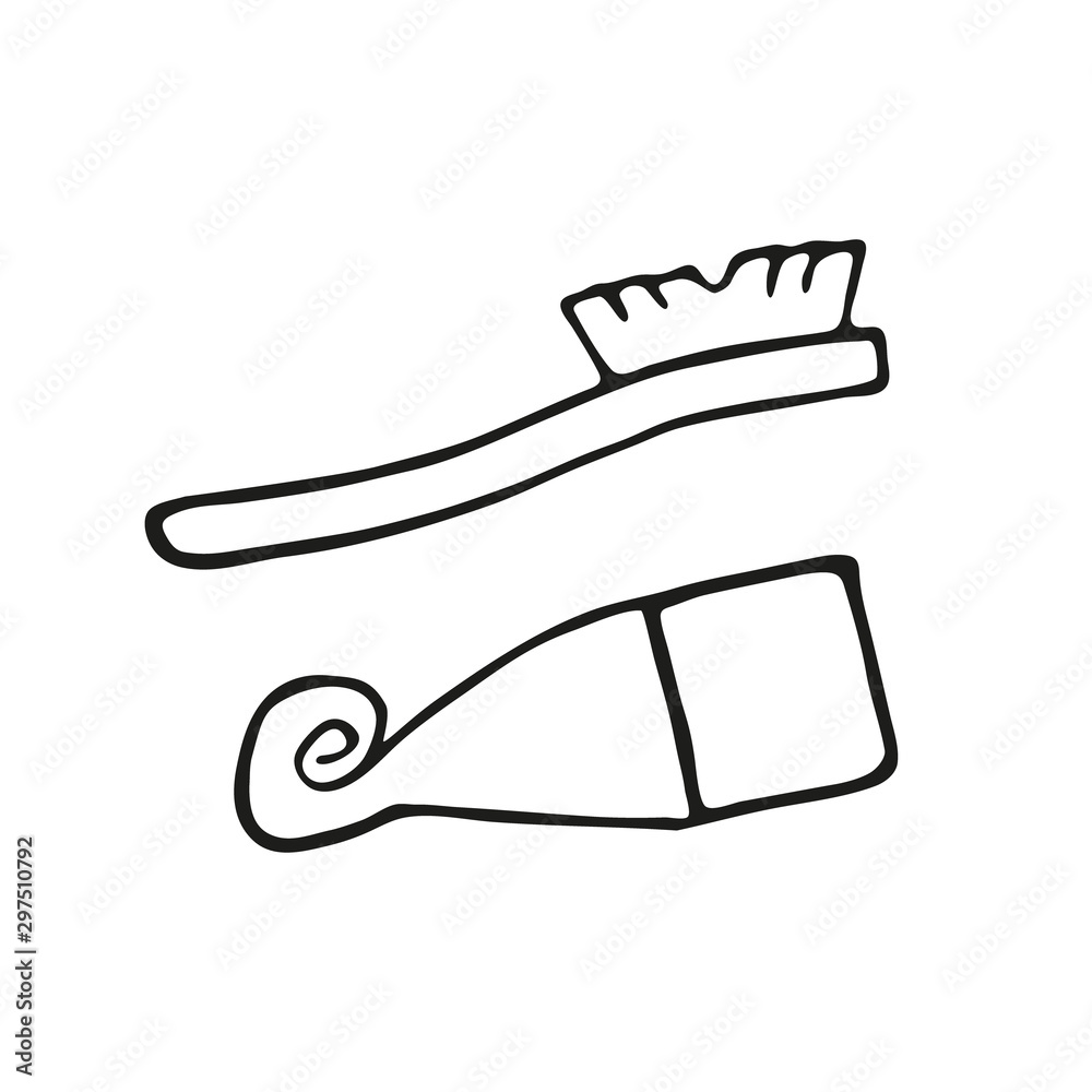 Hand drawn set of toothbrush and toothpaste. In doodle style, black outline isolated on a white background. For banners, cards, coloring books, design, business. Vector illustration Hand drawn set of toothbrush and toothpaste. In doodle style, black outline isolated on a white background. For banners, cards, coloring books, design, business. Vector illustration