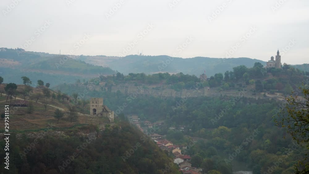 Tsarevets Fortress in Veliko Tarnovo in a foggy morning. Accelerated video