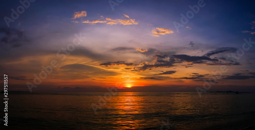 Panorama beautiful sunset and blue sky on the beach.