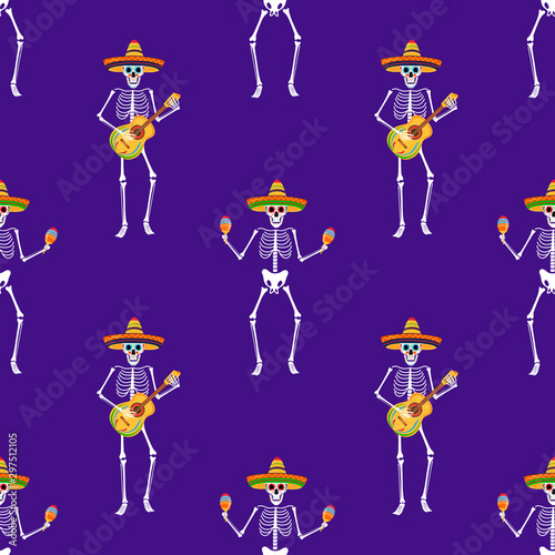 Day of the dead party. Dea de los muertos seamless pattern. Painted skeletons play musical instruments and dance.