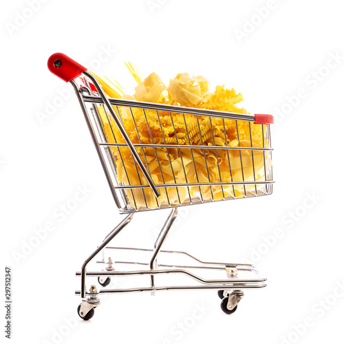 cart or shopping trolley full of pasta and various noodles